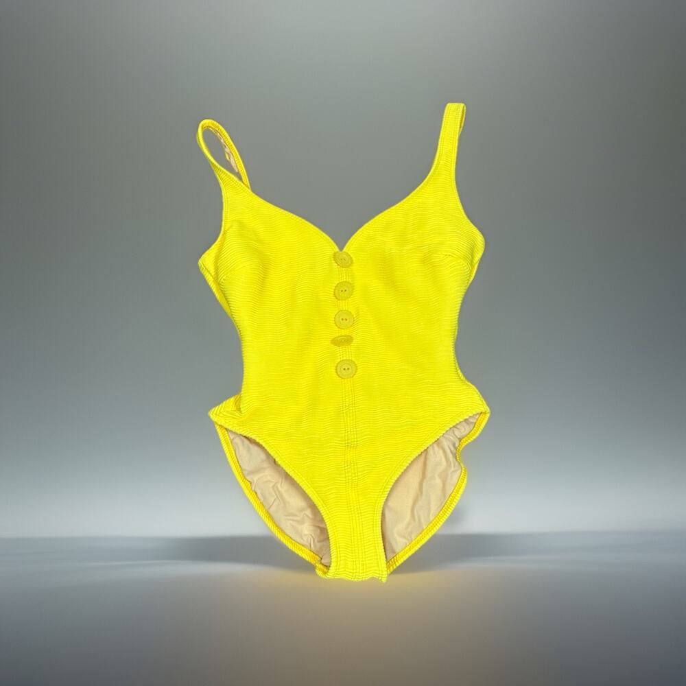 La Blanca One Piece Swimsuit Womens 10 Yellow Ribbed Button Front Scoop Neck